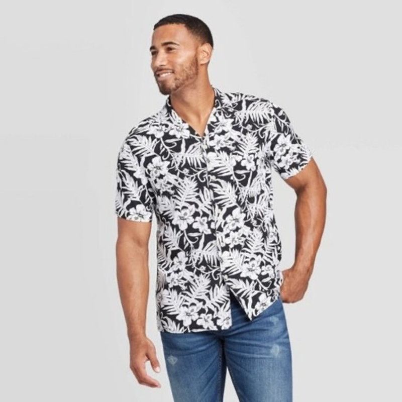 Target Basics Goodfellow & Co | Black White Hawaiian Floral Shirt Size US S / EU 44-46 / 1 - 10 Thumbnail