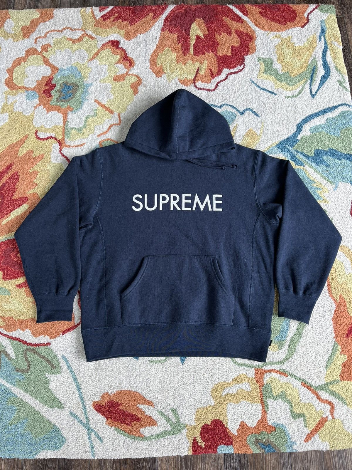 image of Supreme Capital Hoodie Fw22 Navy, Men's (Size Medium)