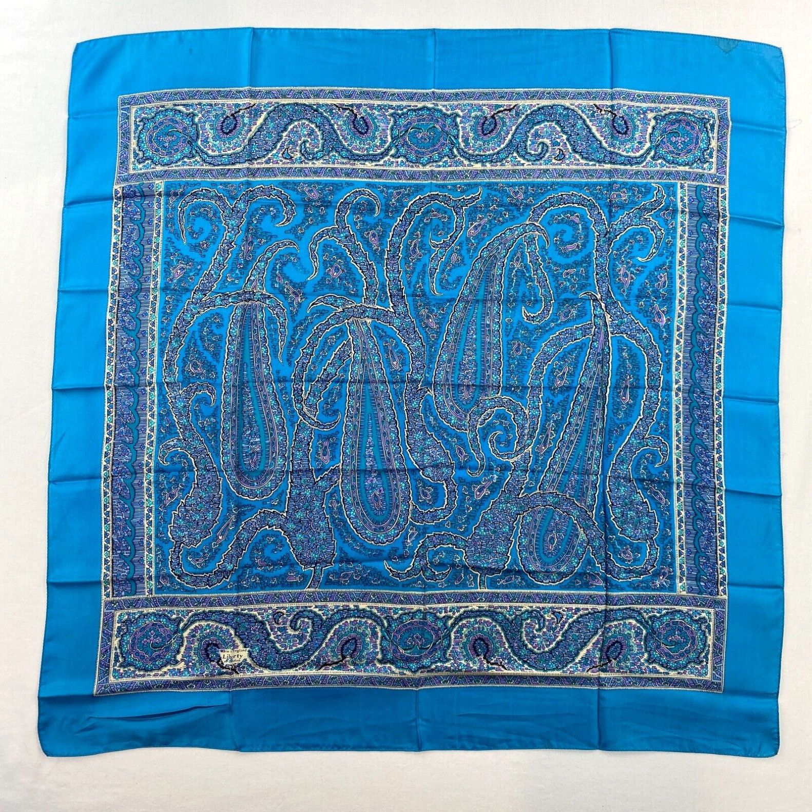 image of Liberty Of London Square Scarf Paisley Print Silk Twill Blue 27 X 27 Vintage in White, Women's