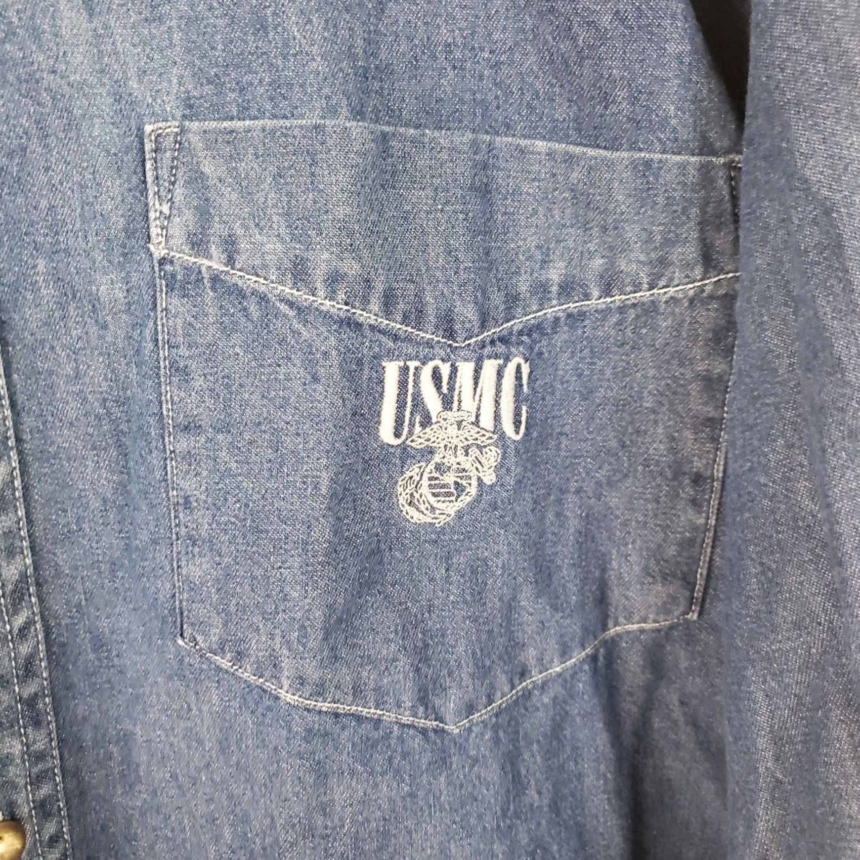 Denime Supplies Menswear Mens Denim Button-Up Shirt Blue with USMC Marines Logo Pocket Long Sleeve Collared Button-Up Regular Fit M Boys Mens Girls? Size US 31 - 3 Thumbnail
