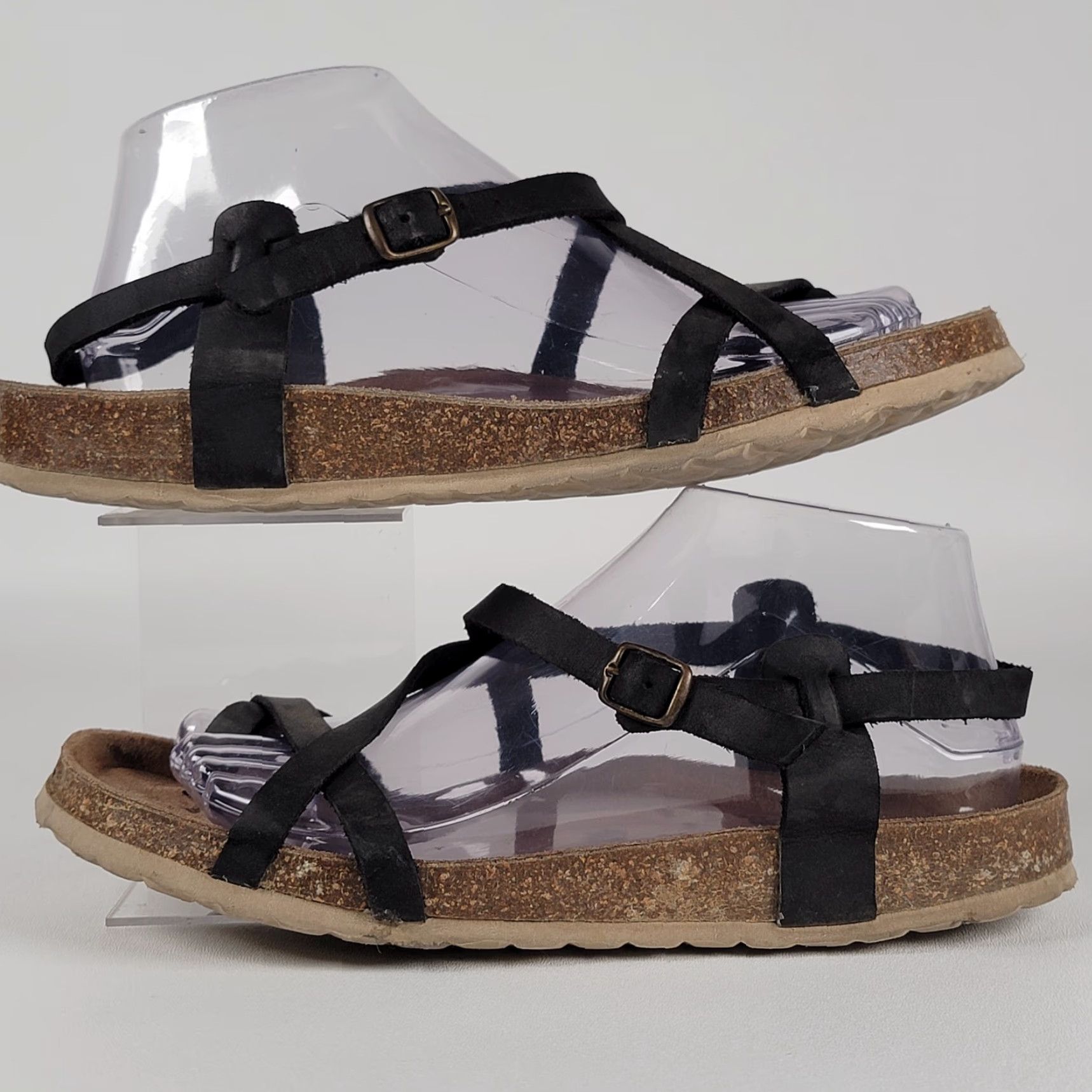 Vintage Musse & Cloud Zucebra Leather Sandals Women 9 Black Flat Strappy Buckle Cork Insole Size US 9 / IT 39 - 4 Thumbnail