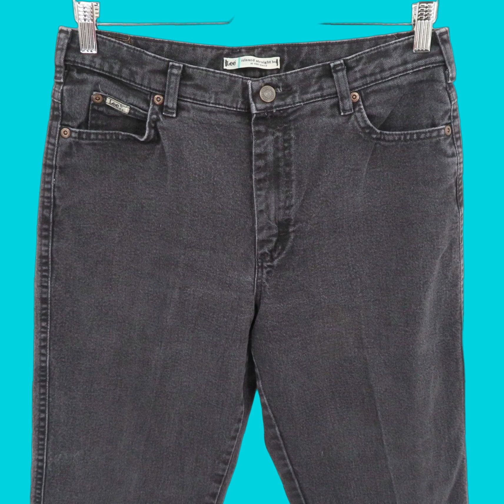 Lee Womens Jeans Relaxed Straight Leg At the Waist Black 10 Denim Cotton Blend 5-Pocket Pockets Vintage No Shirt?