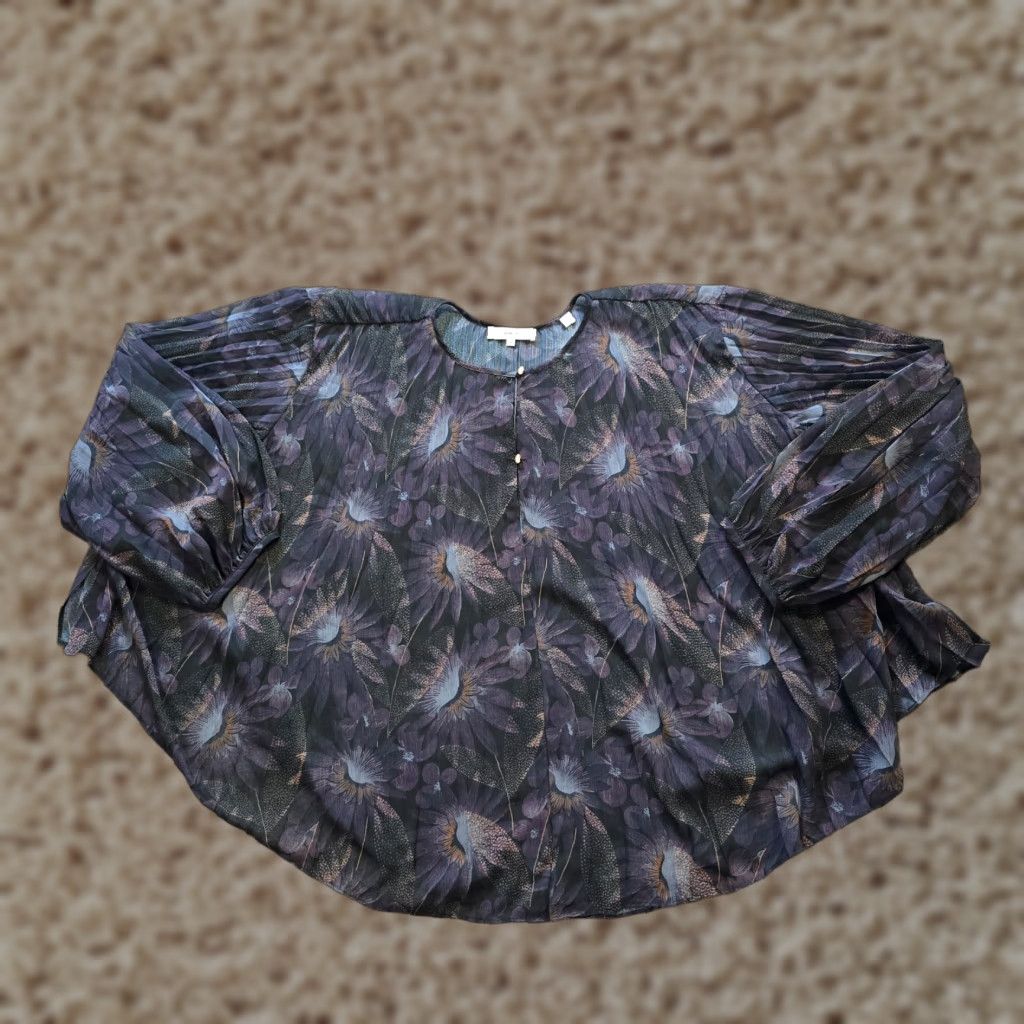 Vince Vince Top Womens Medium Black Blue Floral Silk Sheer Pleated Oversized Casual Shirt Blouse Womens" Size M / US 6-8 / IT 42-44 - 1 Thumbnail