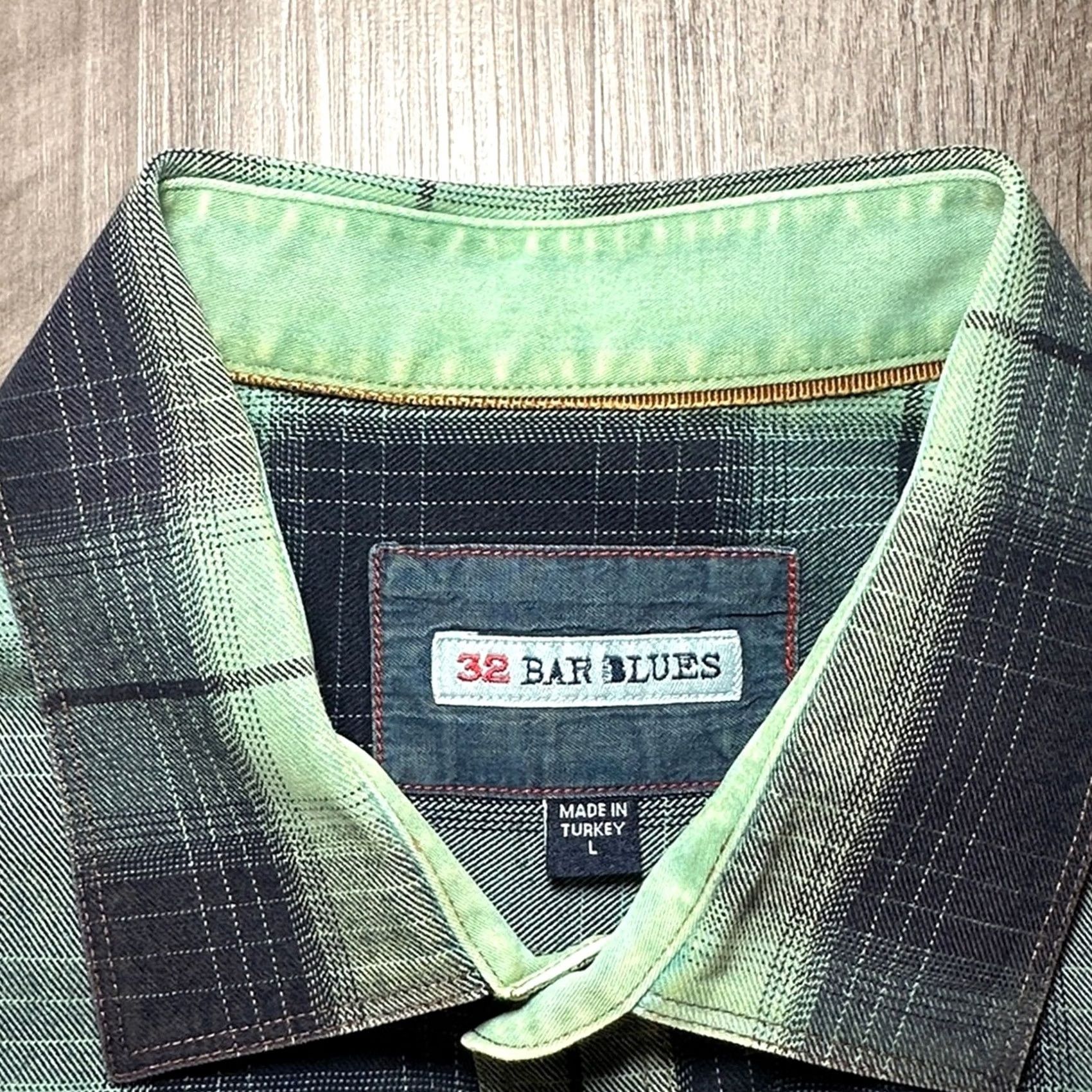 X-LARGE 32 Bar Blues Plaid Long Sleeve Button Down Large Men Shirt Green Size US L / EU 52-54 / 3 - 6 Thumbnail