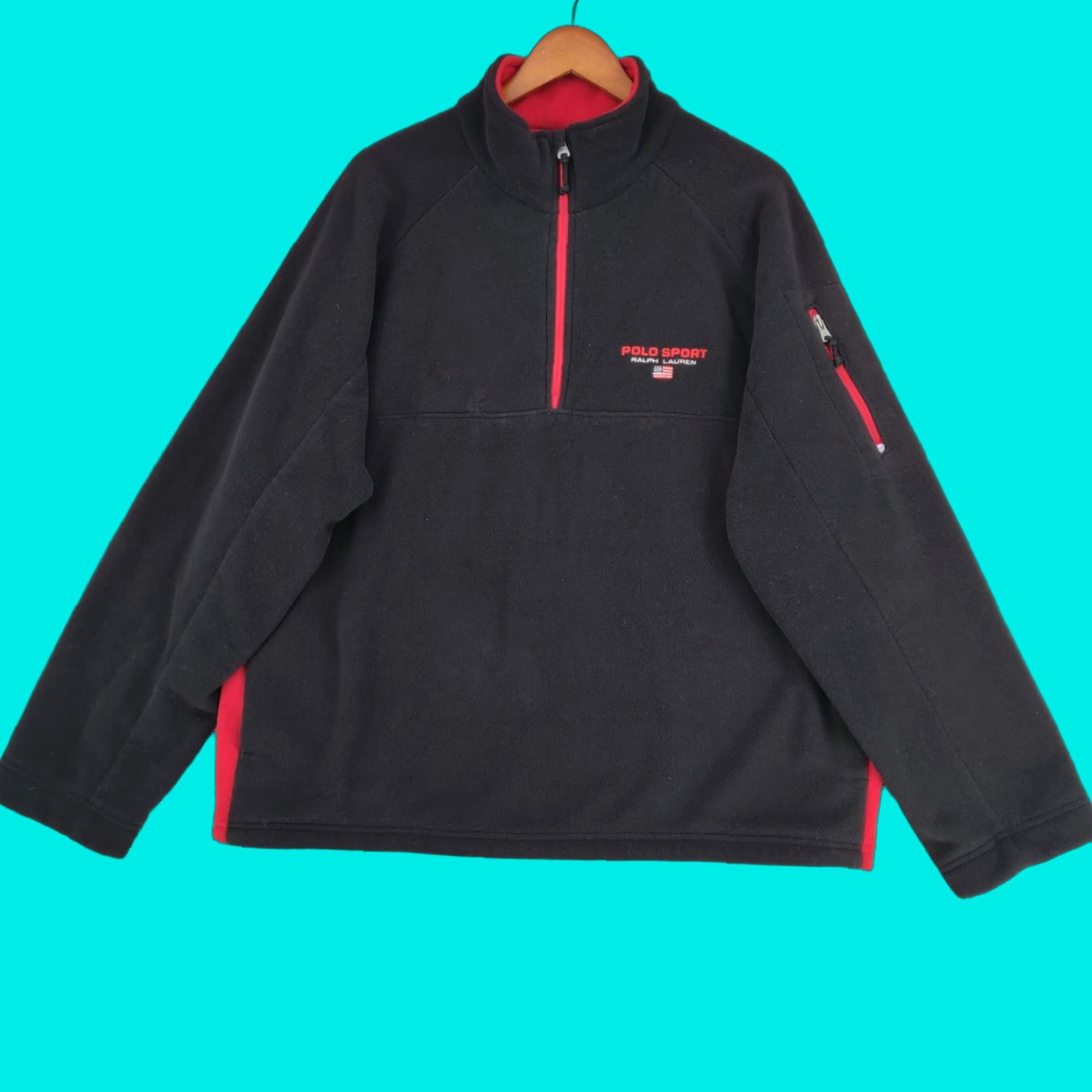 VINTAGE Polo Ralph Lauren Pullover Sweatshirt Mens XL Black Mock Neck 1/4 Zip Fleece Thermal Logo Pockets USA