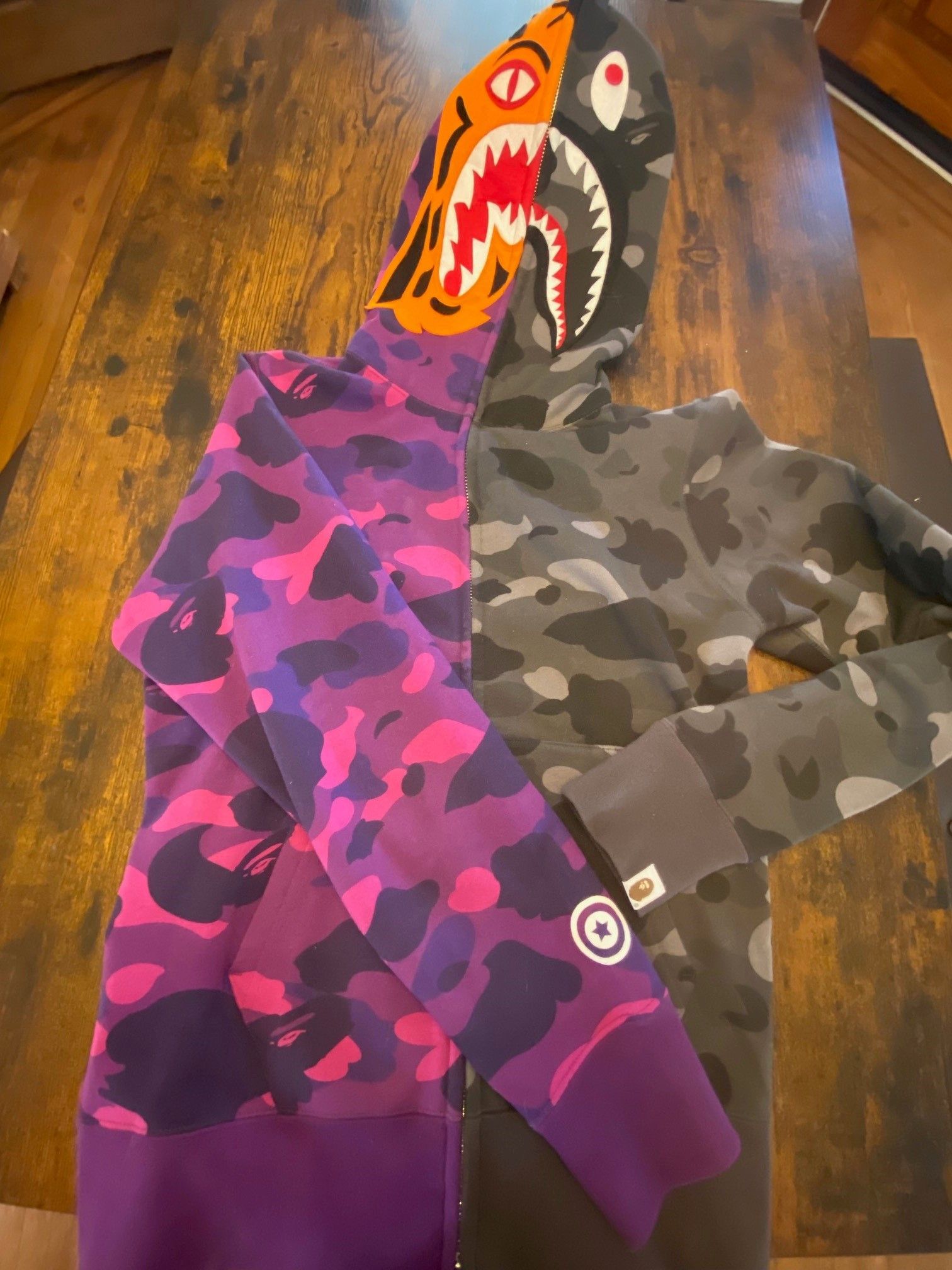 image of Bape Color Camo Tiger Shark Half Full Zip Hoodie in Purple, Men's (Size Small)