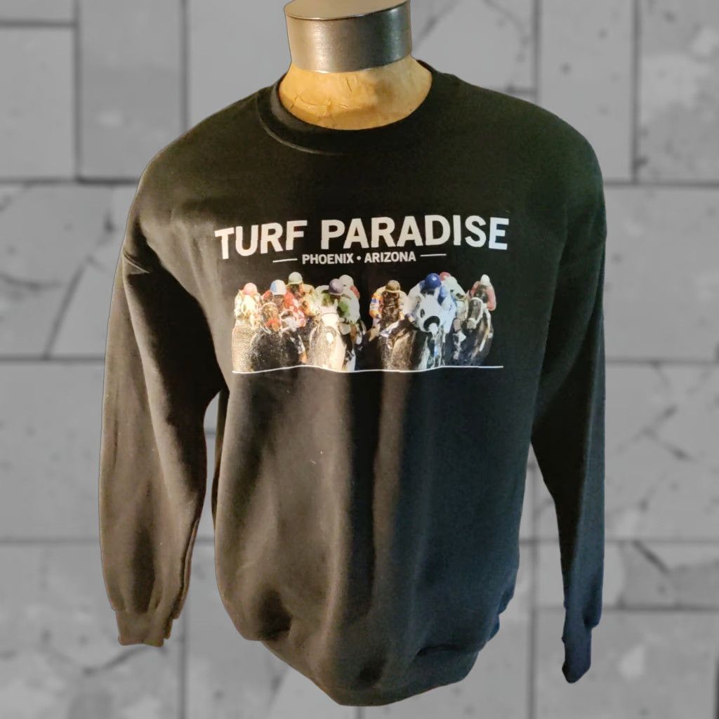 VINTAGE Turf Paradise Gildan cotton polyester horse racing sweatshirt Men L Black Crew Neck Logo 1990s?