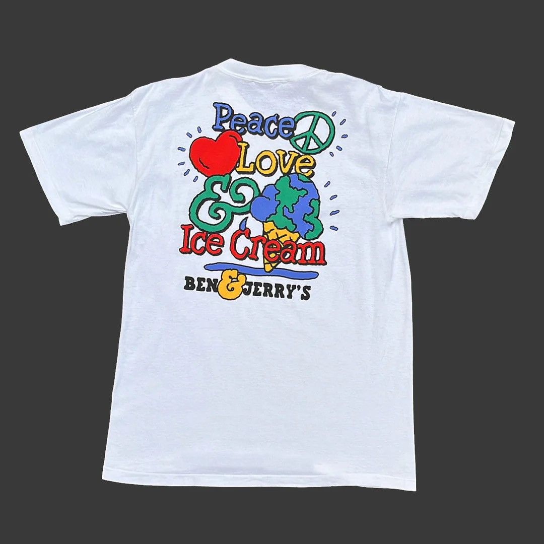 image of Made In USA x Vintage Ben & Jerry’S Ice Cream 1990 90's Vintage Peace Love T-Shirt in White (Size M