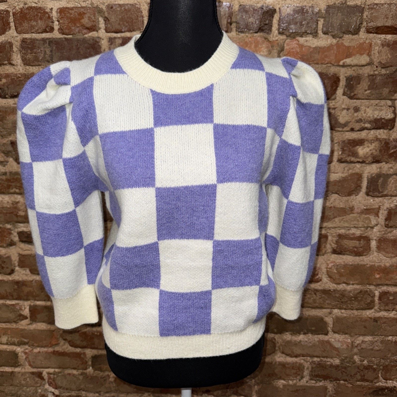 Other &Merci Women’s Purple Checkered Puff Sleeved Sweater Sz L Size L / US 10 / IT 46 - 3 Thumbnail