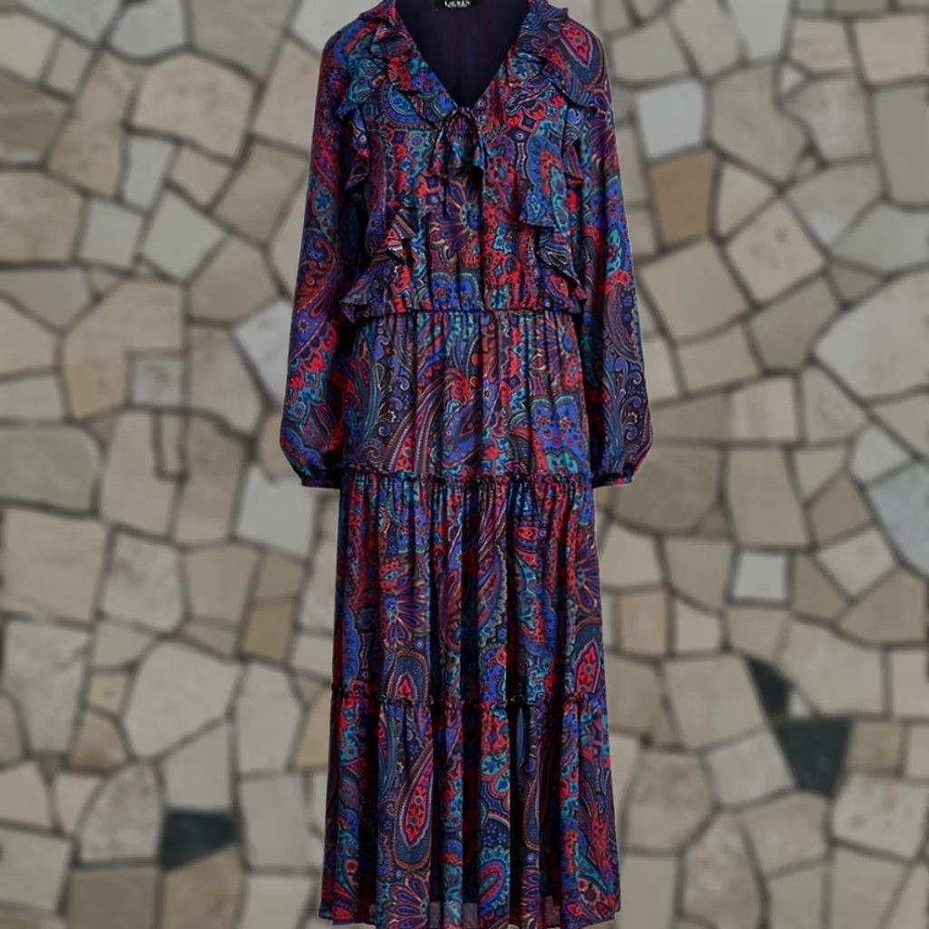 Ralph Lauren VINTAGE Ralph Lauren Maxi Dress 6 Blue Red Print Paisley Georgette Long-Sleeve Womens Girls Size M / US 6-8 / IT 42-44 - 1 Thumbnail