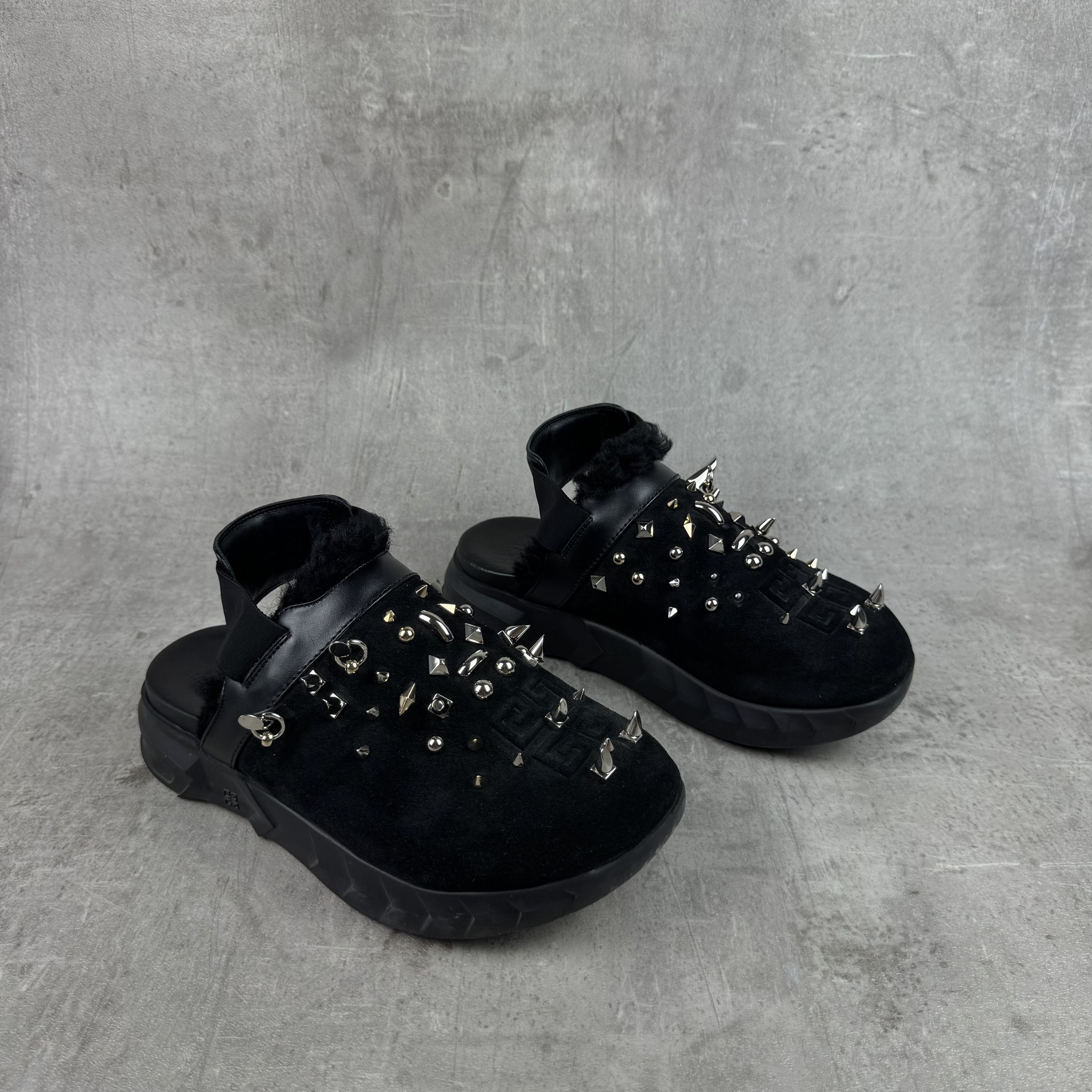 GIVENCHY Marshmallow Spiked Shearling Slingback Clogs Mules
