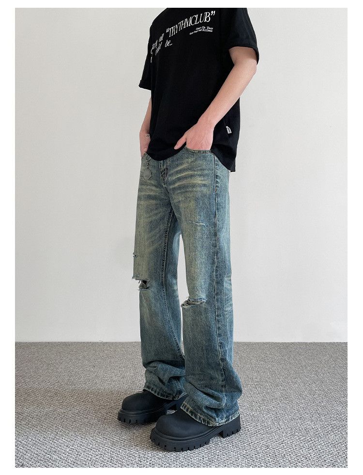 Japanese Brand × Jean Retro distressed men's straight flared cleanfit ripped jeans Size US 32 / EU 48 - 5 Thumbnail