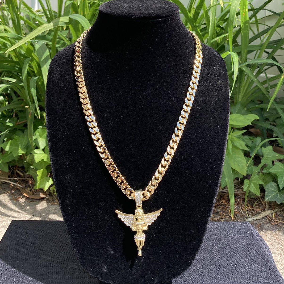 Jewelry Gold Chain Cuban Necklace 24in 8mm and Icy Angel Pendant Size ONE SIZE - 1 Thumbnail
