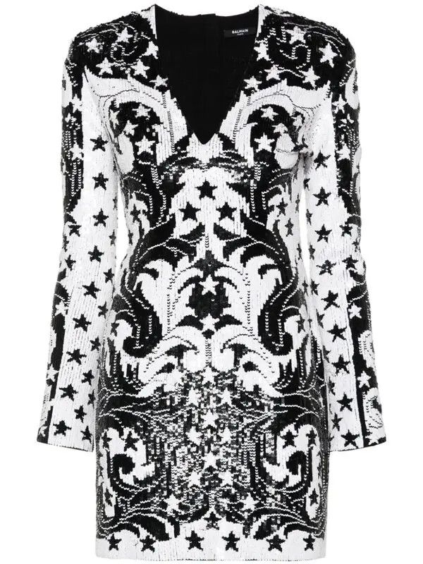 Balmain o1s1wg110825 Sequinned Mini Dress in Black/White Size L / US 10 / IT 46 - 1 Thumbnail