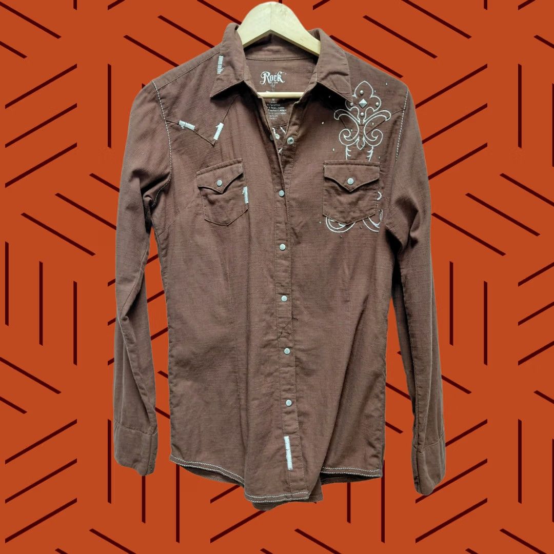 47 Rock 47 by Wrangler Embroidered Western Shirt Brown Solid Woven Size M Size US M / EU 48-50 / 2 - 1 Thumbnail