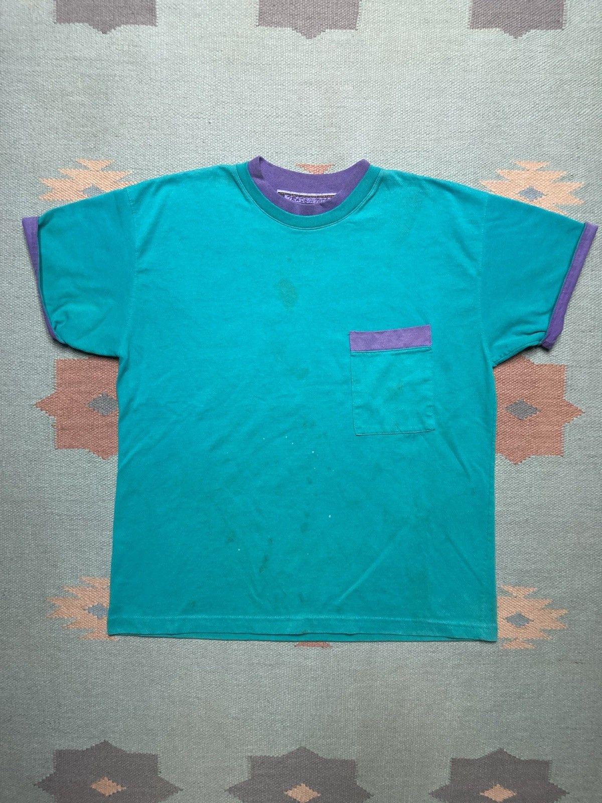 Vintage 80s 90s pocket t shirt blank teal purple stained boxy large Size US L / EU 52-54 / 3 - 1 Thumbnail