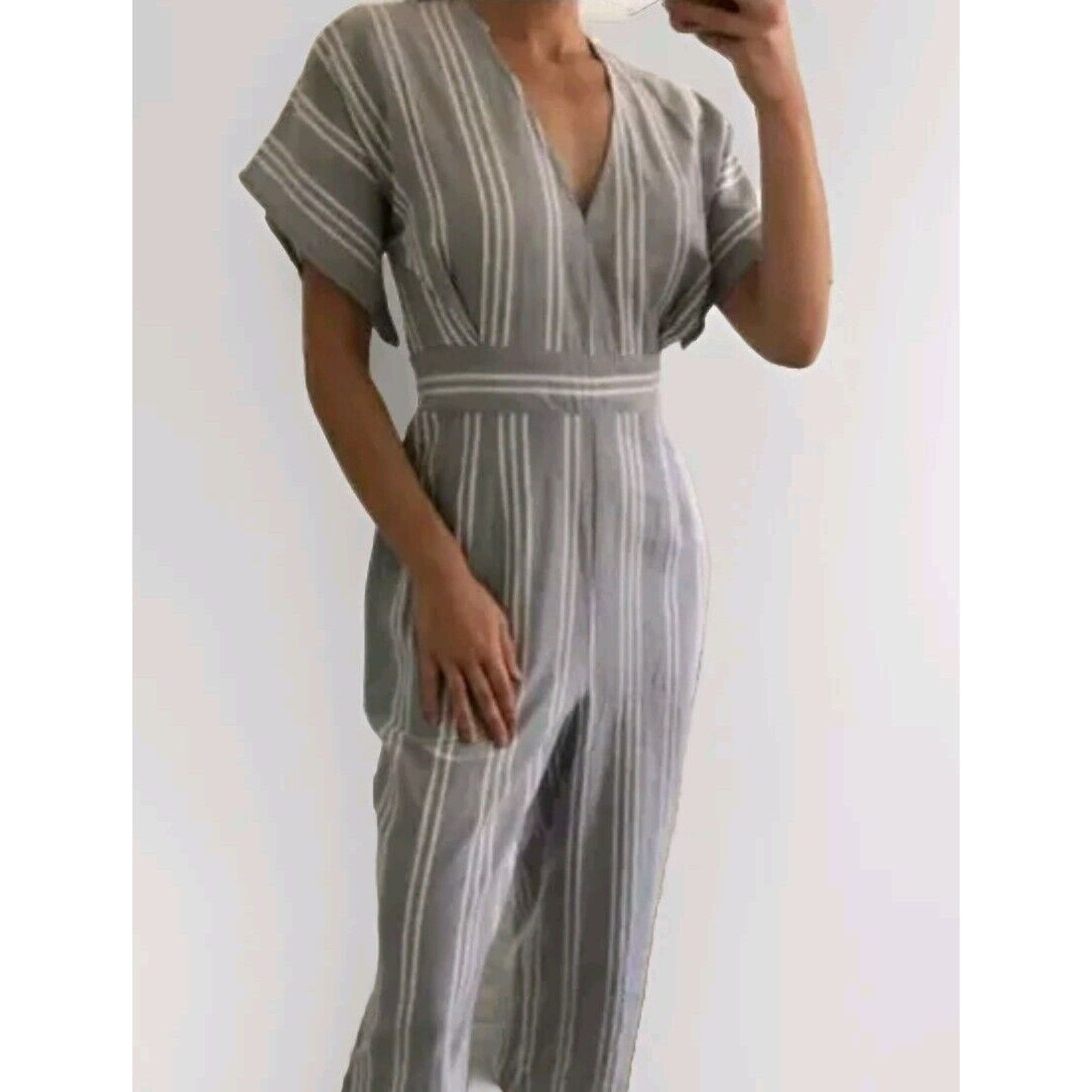 Zara Deep V Jumpsuit Romper Blue Stripe Open Back Wide Leg XS 3 Size 24" / US 00 / IT 34 - 8 Thumbnail