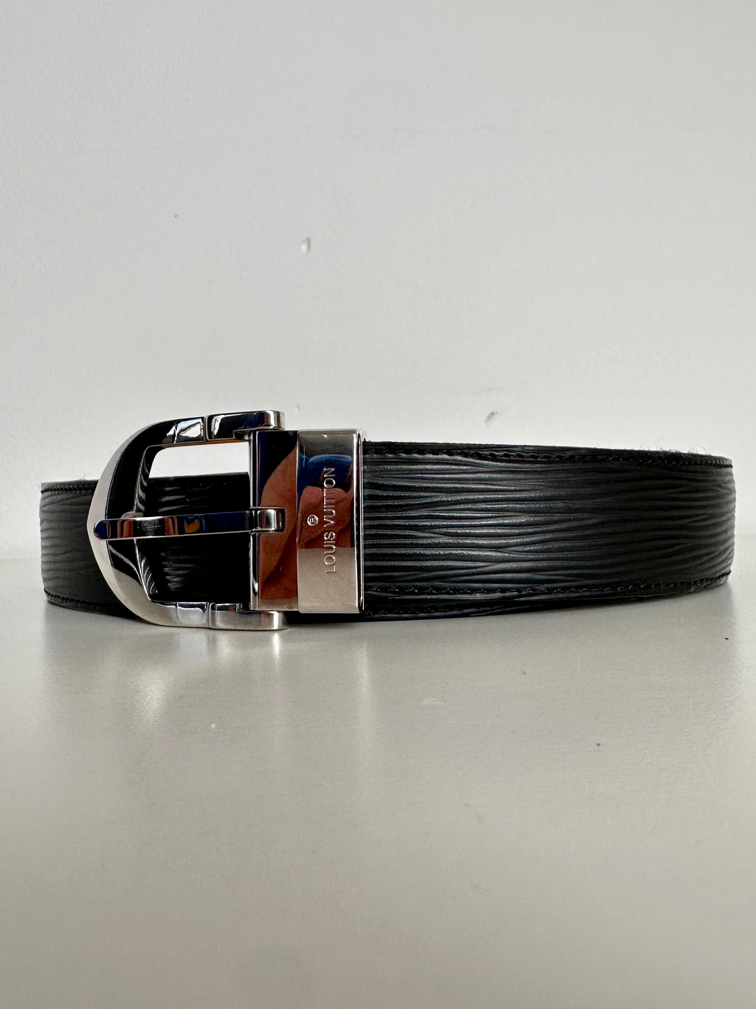 Louis Vuitton Black Epi Leather Belt with Silver Buckle Vuitton Wide Black Patent Epi Belt W/Box - Vintage Lux main image 2