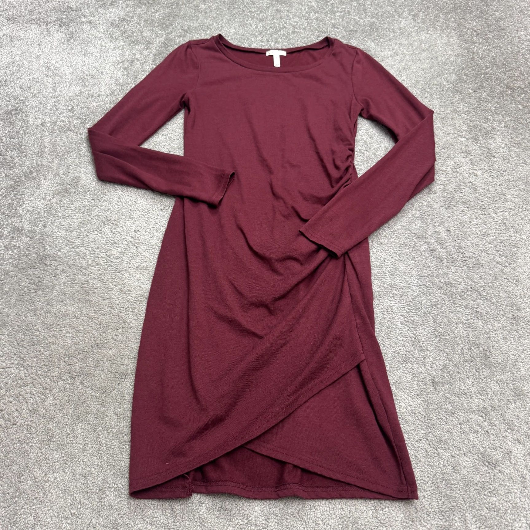 Leith Asymmetric Wrap Hem Ruched Midi Dress Womens M Burgundy Long Sleeve