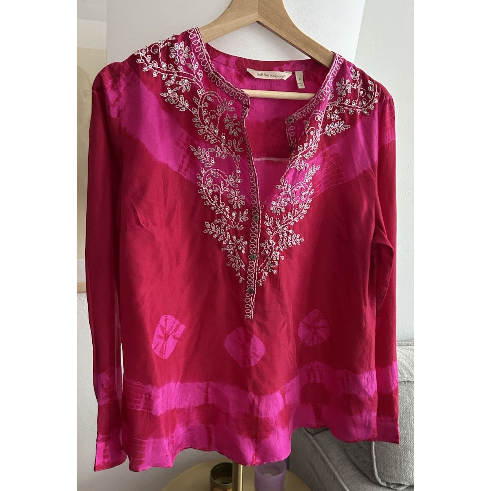 Soft Surroundings SOFT SURROUNDINGS Silk Pink Tie Dye Tunic M Boho Embrodery Size M / US 6-8 / IT 42-44 - 8 Thumbnail
