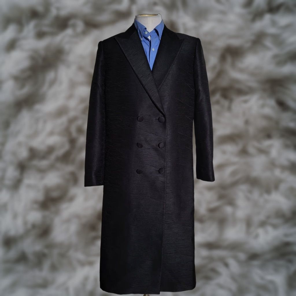 VINTAGE Fino Overcoat Jacket Coat Men Zebra Print Satin Black 38 Pimp Gangster Animal Zoot Double Breasted Long