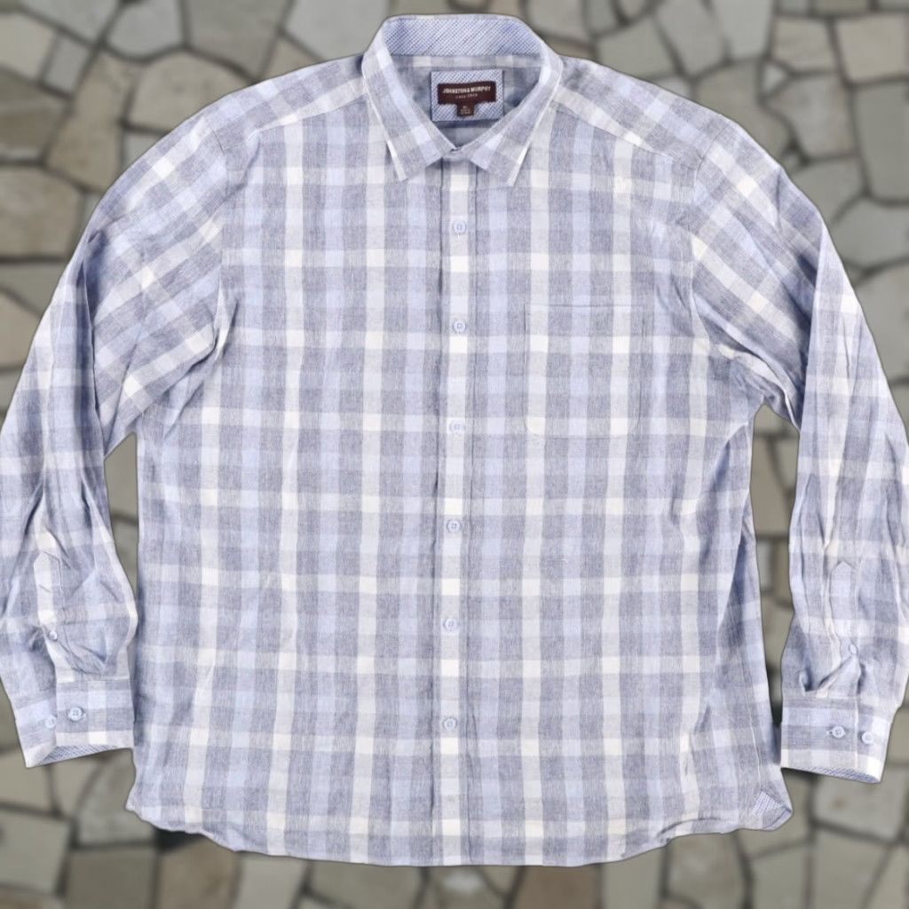 Johnston & Murphy Johnston & Murphy Linen Cotton Blend Plaid Long Sleeve Button Up Shirt Blue Men XL Size US XL / EU 56 / 4 - 1 Thumbnail