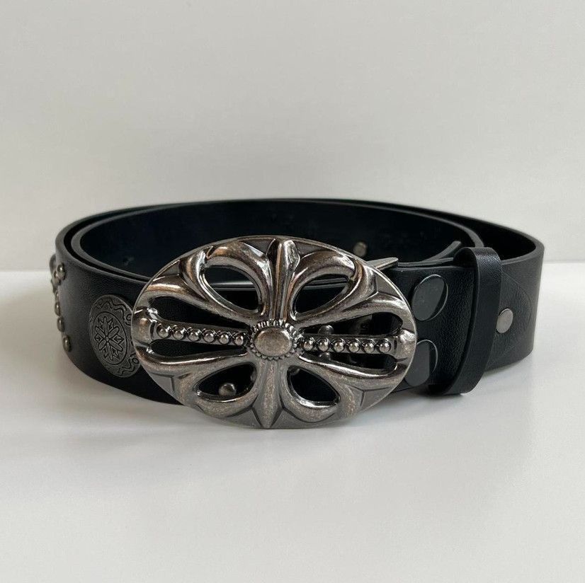 Y2K 2000S Skeleton Chrome Cross Studded Goth Emo Black Belt, Men’s