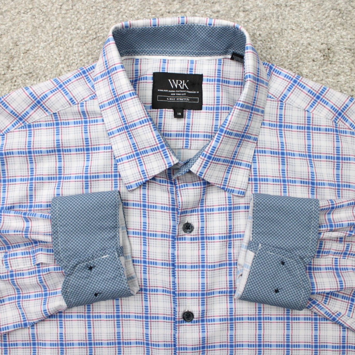 Vintage WRK Dress Shirt Men 18 Gray/Blue 4-Way Stretch L/S Button Collar/Spread Clean, Casual, Formal VintageNo (note: "Vintage" not applicable) Size 48R - 2 Thumbnail