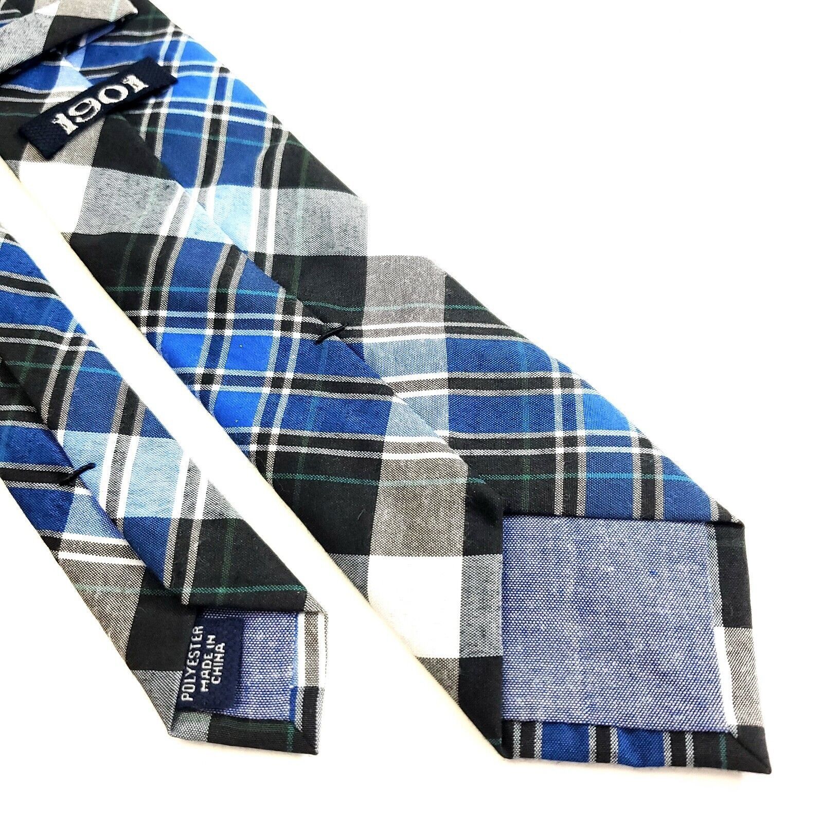 1901 1901 Blue Black Green Plaid Polyester Skinny Tie Size ONE SIZE - 5 Thumbnail