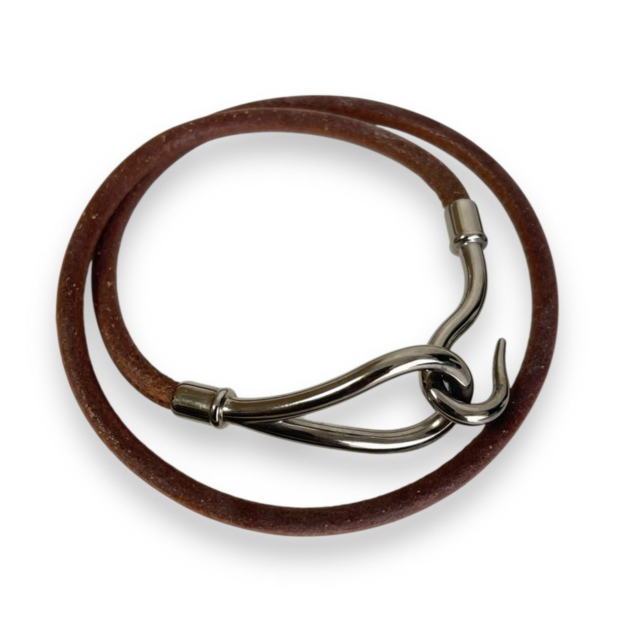 Hermes HERMES Jumbo Leather Choker Necklace, Brown x Silver 
