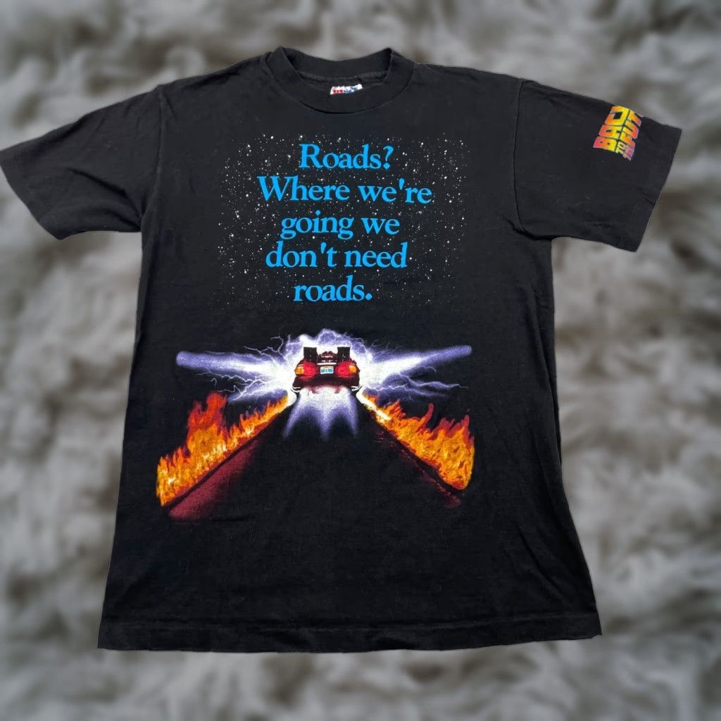 VTG Hanes T-Shirt Roads?.. Back To The Future Movie Promo Ride Small Black Single Stitch Crew Neck Short Sleeve Mens