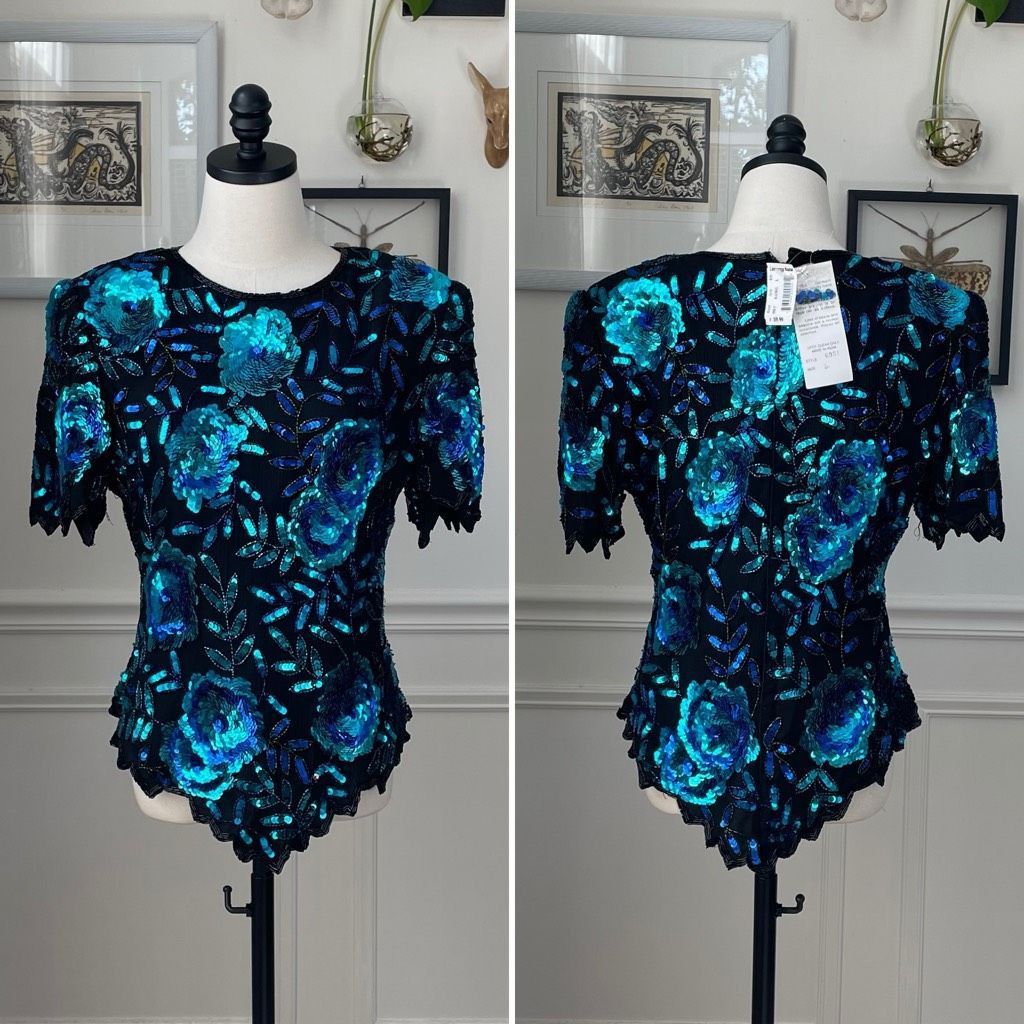 Other NWT NOS Laurence Kazar Beaded Sequin Short Sleeve Silk Top Blue Black L Size L / US 10 / IT 46 - 1 Thumbnail
