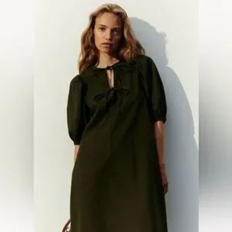 H&M H&M Olive Linen Blend Puff Sleeve Dress | Front Ties Size S / US 4 / IT 40 - 3 Thumbnail