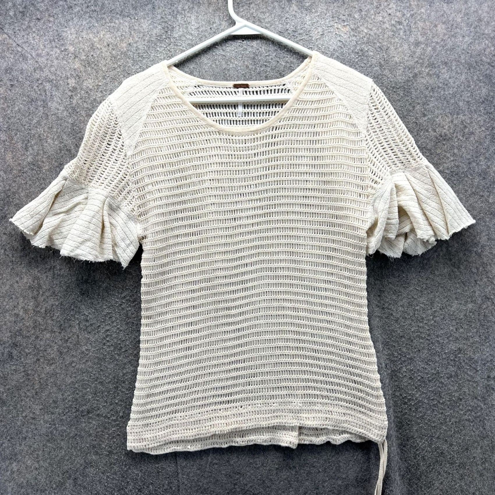 Free People Free People Sweater Womens Large Cream Ivory Open Knit Ruffle Sleeve Boho Size L / US 10 / IT 46 - 2 Thumbnail