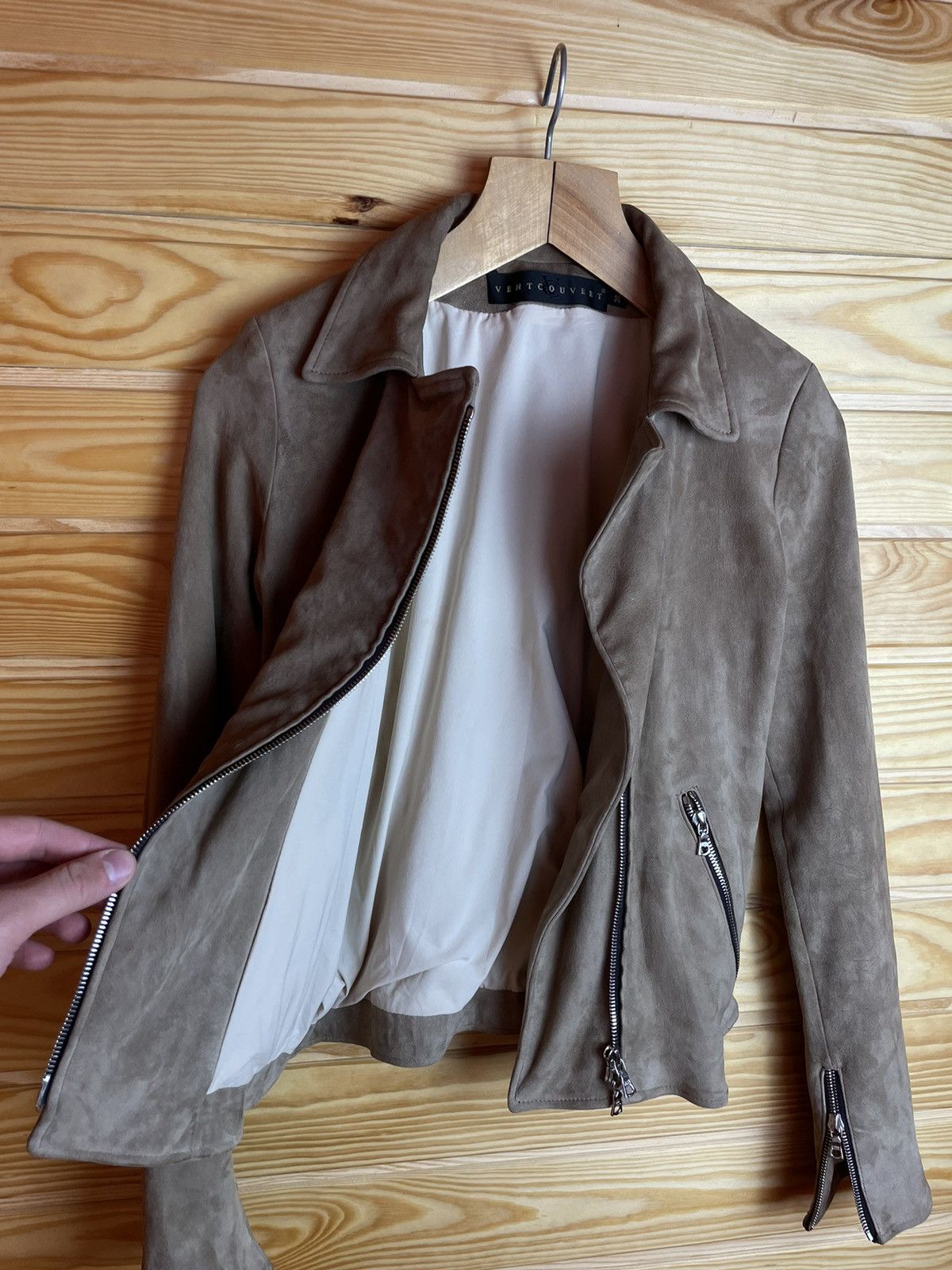 Designer Ventcouvert Biker Suede Leather Jacket Size 38 Beige Size S / US 4 / IT 40 - 7 Thumbnail
