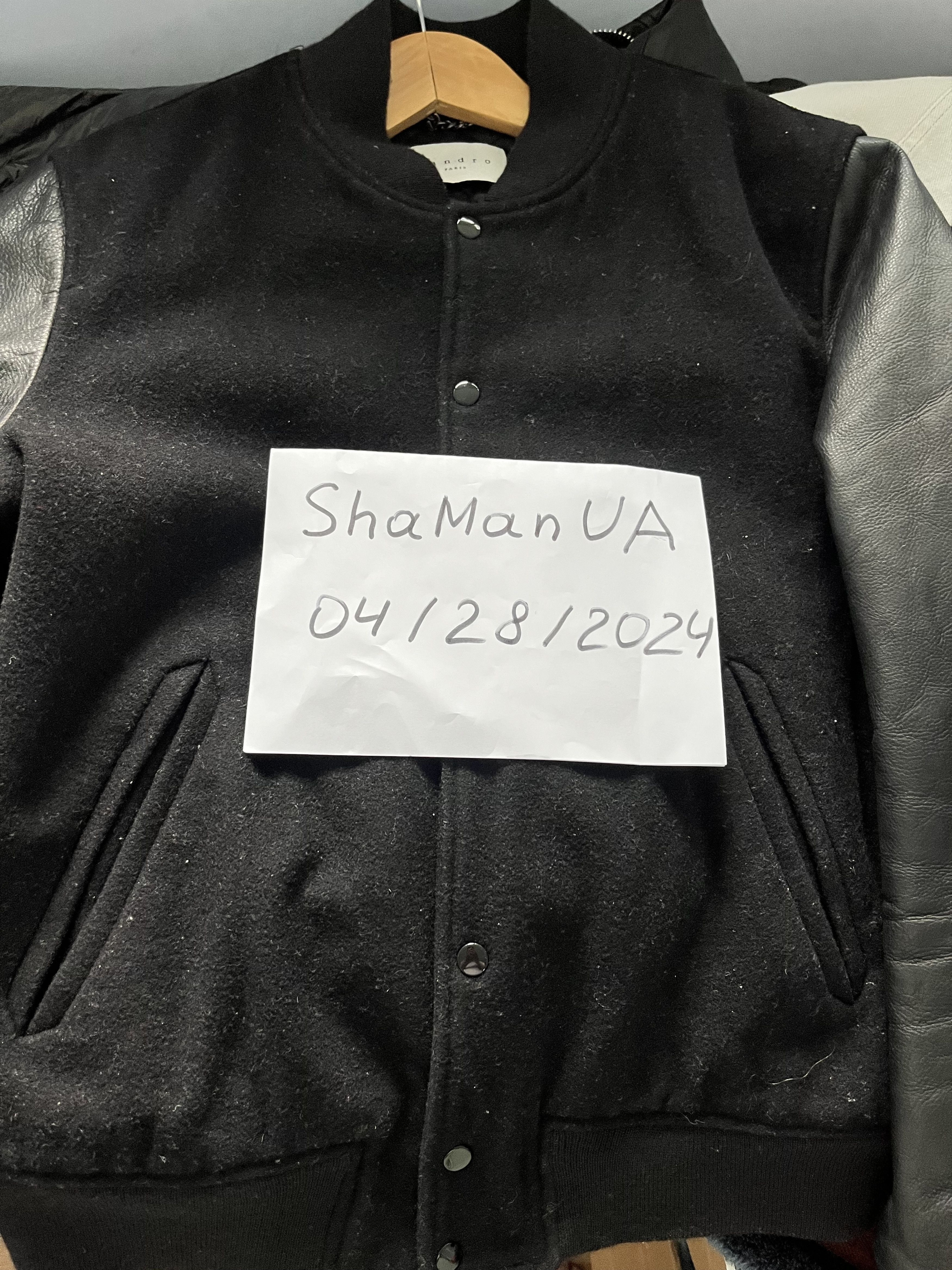 SANDRO Paris wool bomber varsity jacket leather sleeves