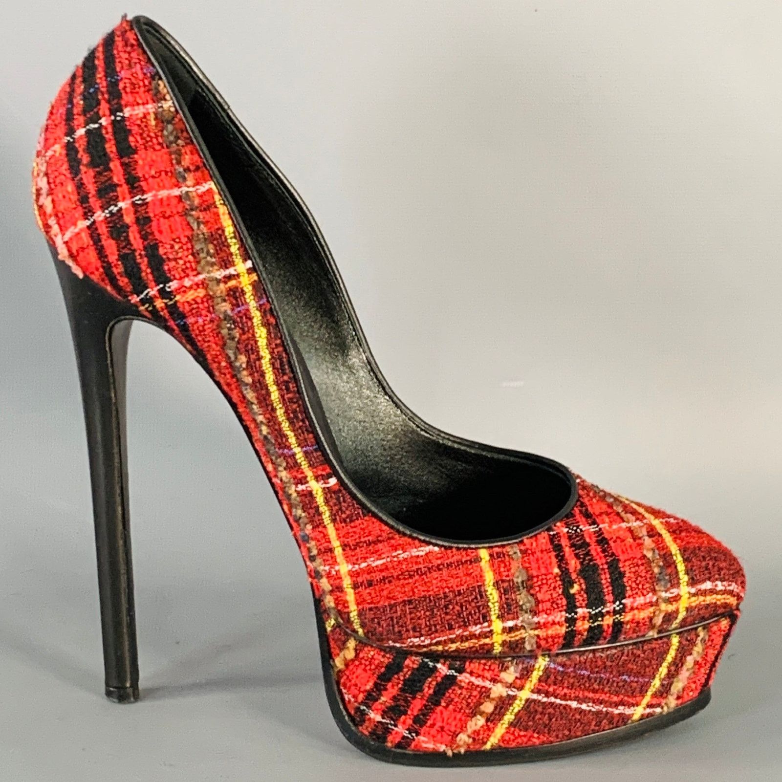 Casadei CASADEI Black Yellow Tweed Plaid Leather Trim Platform Pumps Size US 9 / IT 39 - 2 Thumbnail
