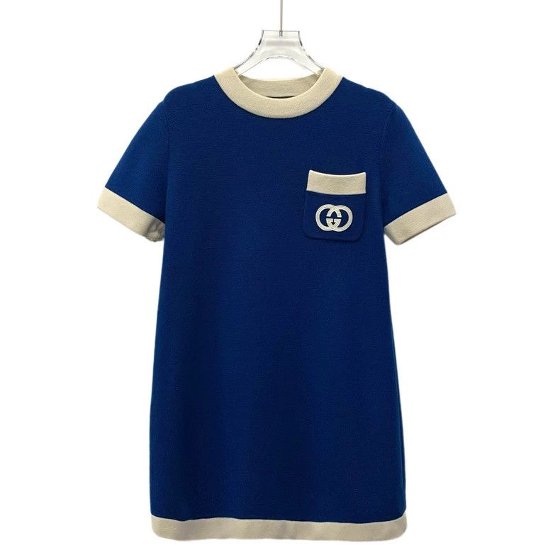 Gucci Dark blue logo embroidered wool round neck short-sle