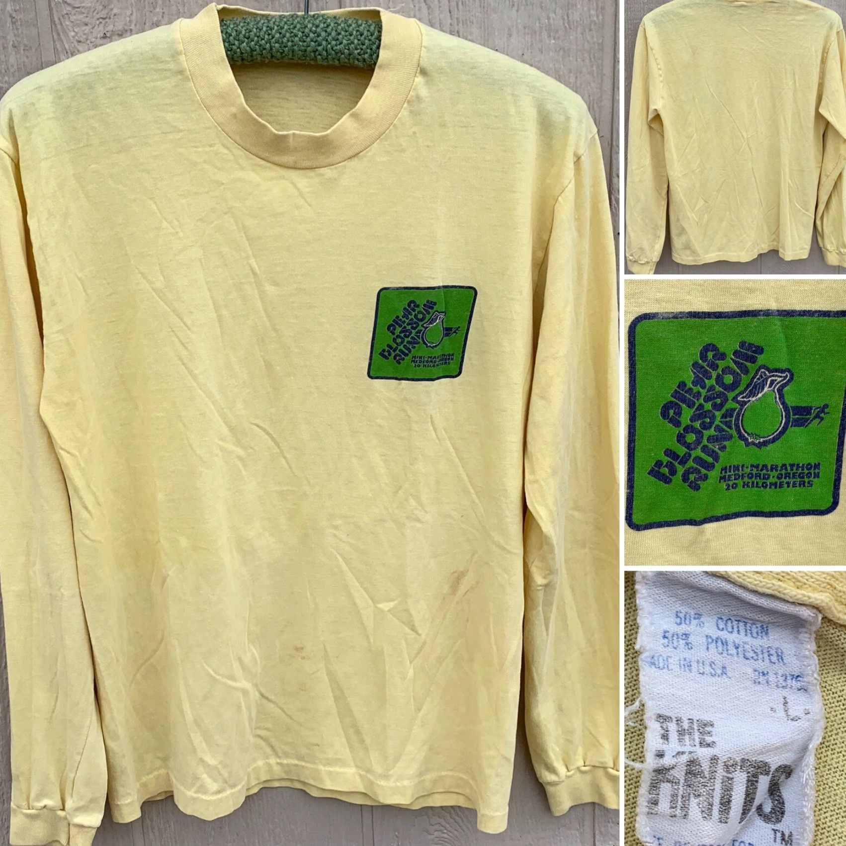 Vintage VINTAGE The Knits Shirt Mens 70s 80s Pear Blossom Run Mini Marathon Medford Oregon T Shirt Yellow Cotton Blend Long Sleeve Graphic Tee Size US L / EU 52-54 / 3 - 4 Thumbnail