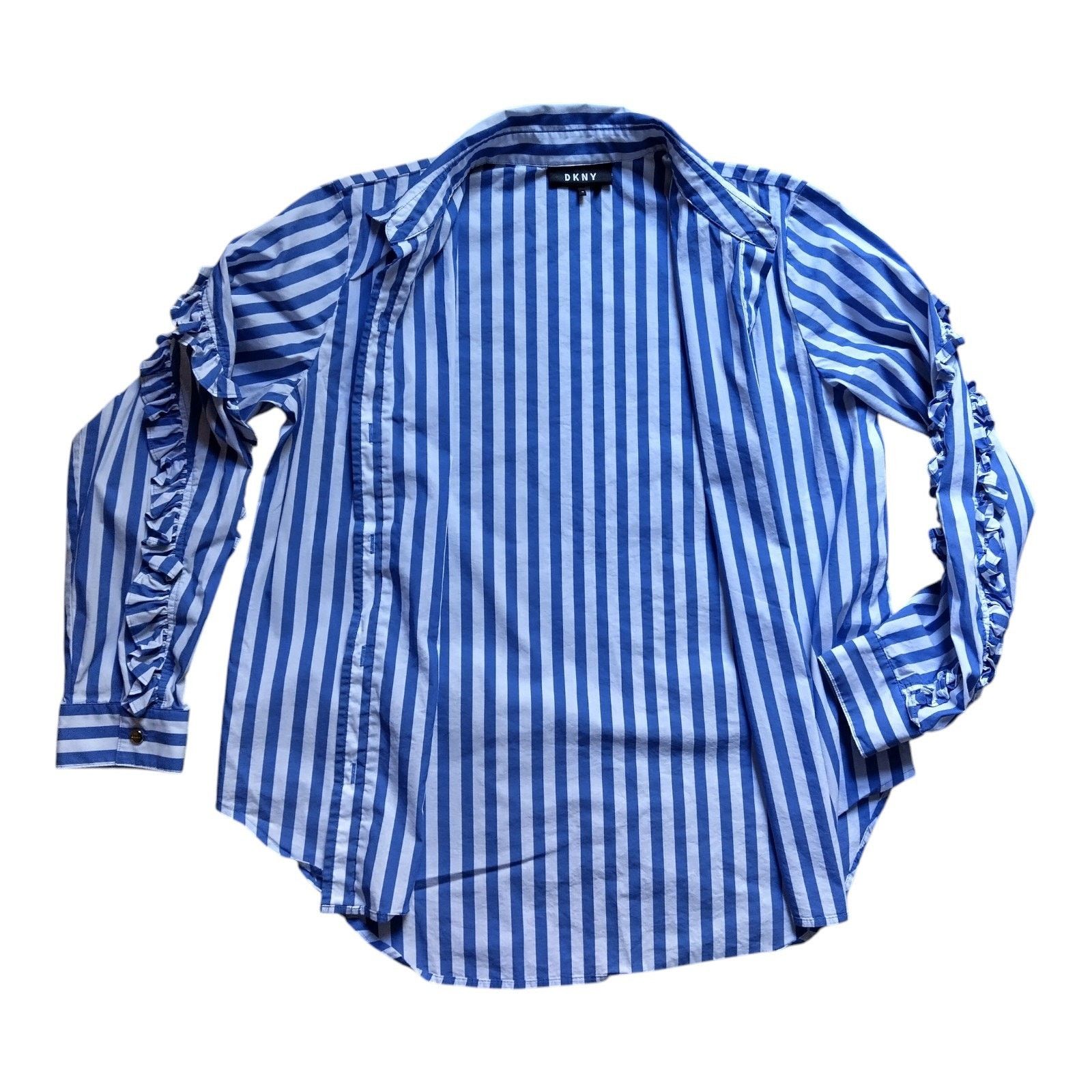 DKNY Women's DKNY Blue/White Striped Ruffle Sleeve Button Down Size M / US 6-8 / IT 42-44 - 3 Thumbnail