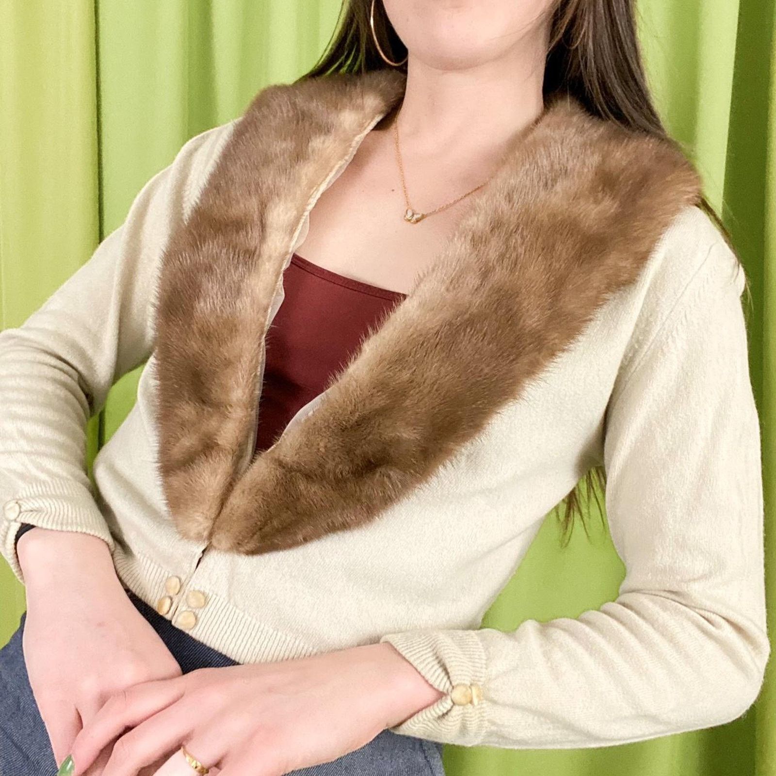 Vintage 60s Vintage Beige Brown Cashmere Cardigan Rabbit Fur Collar Size M / US 6-8 / IT 42-44 - 1 Thumbnail