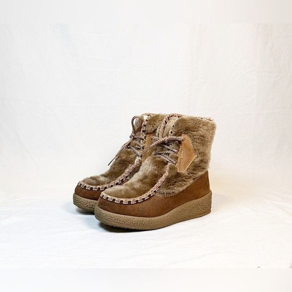 Other Vintage 70s Snow Land Brown Suede Faux Fur Wedge Ankle Boots Size US 8 / IT 38 - 1 Thumbnail