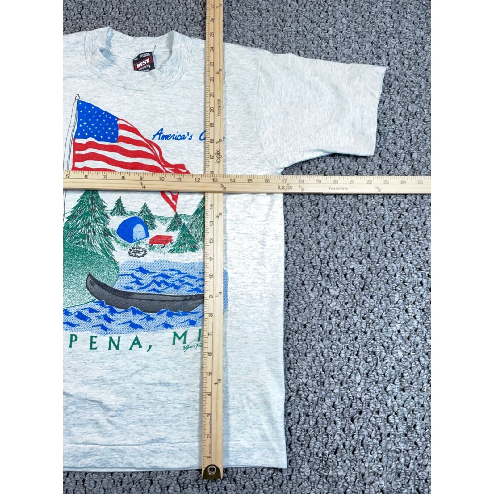 Fruit Of The Loom VTG 90s Alpena Michigan Lake Print T-Shirt Adult S Gray Fruit of the Loom Short Sleeve Crew Neck 50/50 Vintage Men's Shirt Size US S / EU 44-46 / 1 - 6 Thumbnail