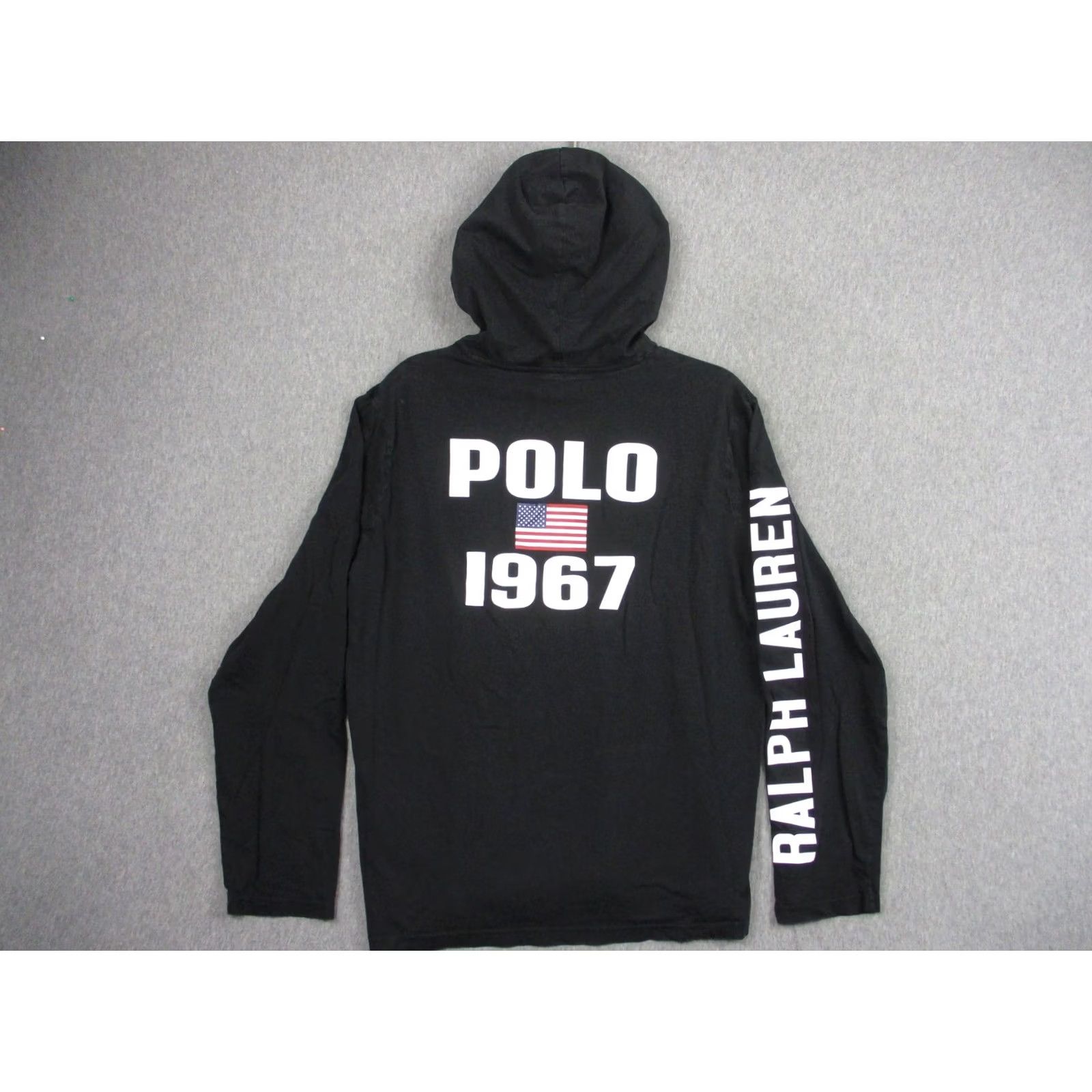 Polo Ralph Lauren Polo Ralph Lauren Hoodie Mens Large Black Graphic Print POLO 1967 USA Flag Pullover PullOver Hooded Crew Neck Navy? Size US L / EU 52-54 / 3 - 5 Thumbnail