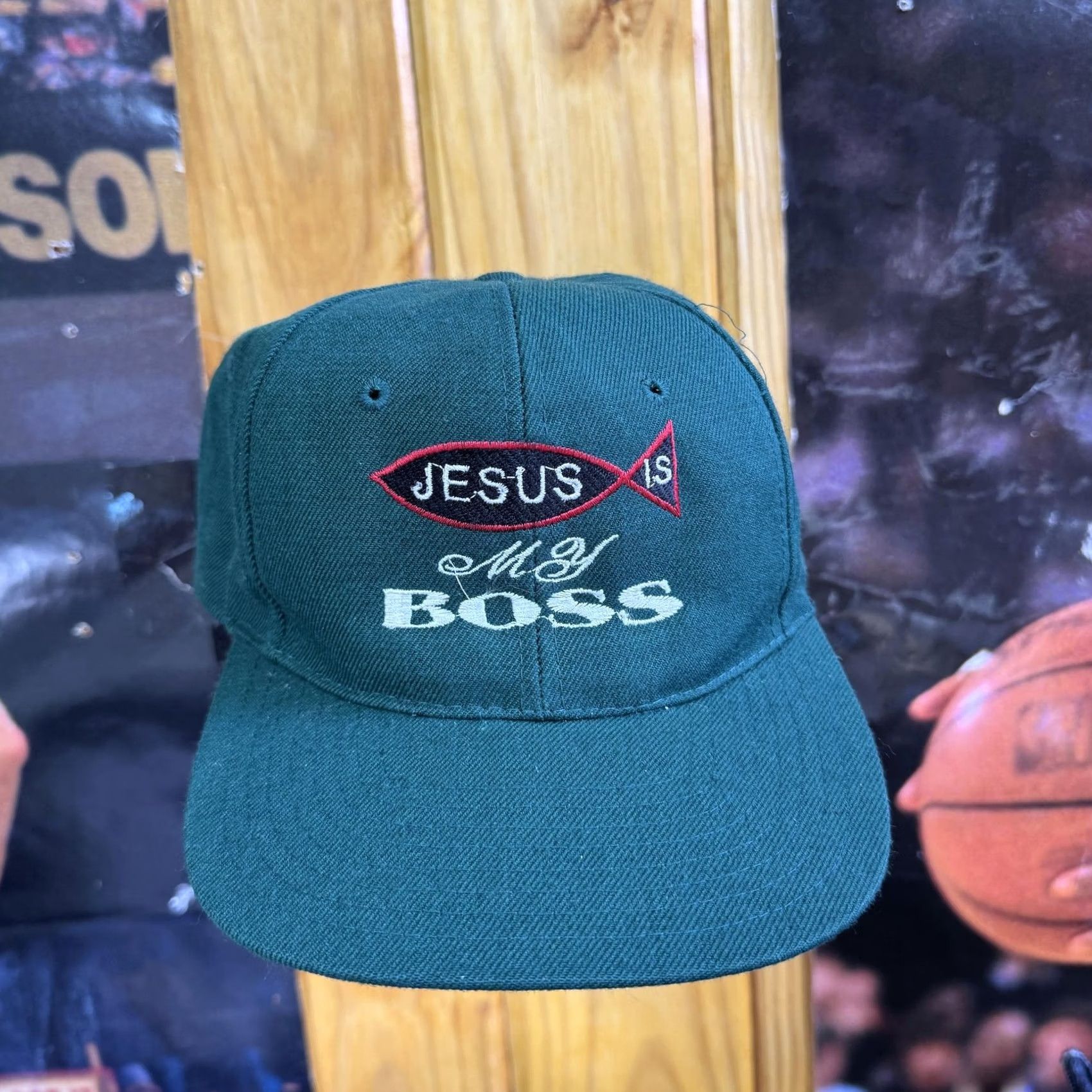 Vintage VINTAGE Jesus Is My Boss Hat Cap Snap Back Green Embroidered Wool Christian Mens Faith Size ONE SIZE - 2 Thumbnail