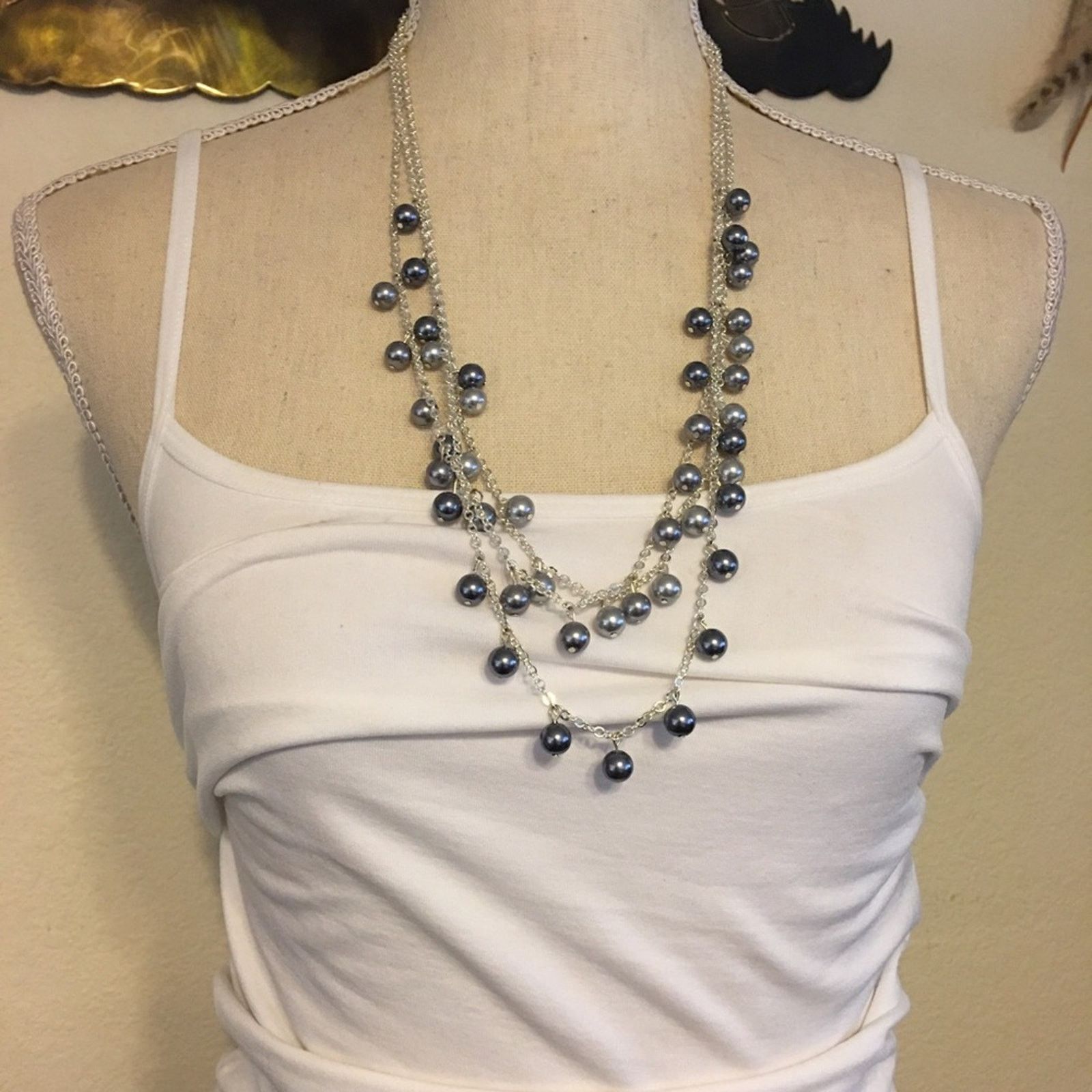 Jewelry Multi strand pearl bead silver chain necklace Size ONE SIZE - 1 Thumbnail