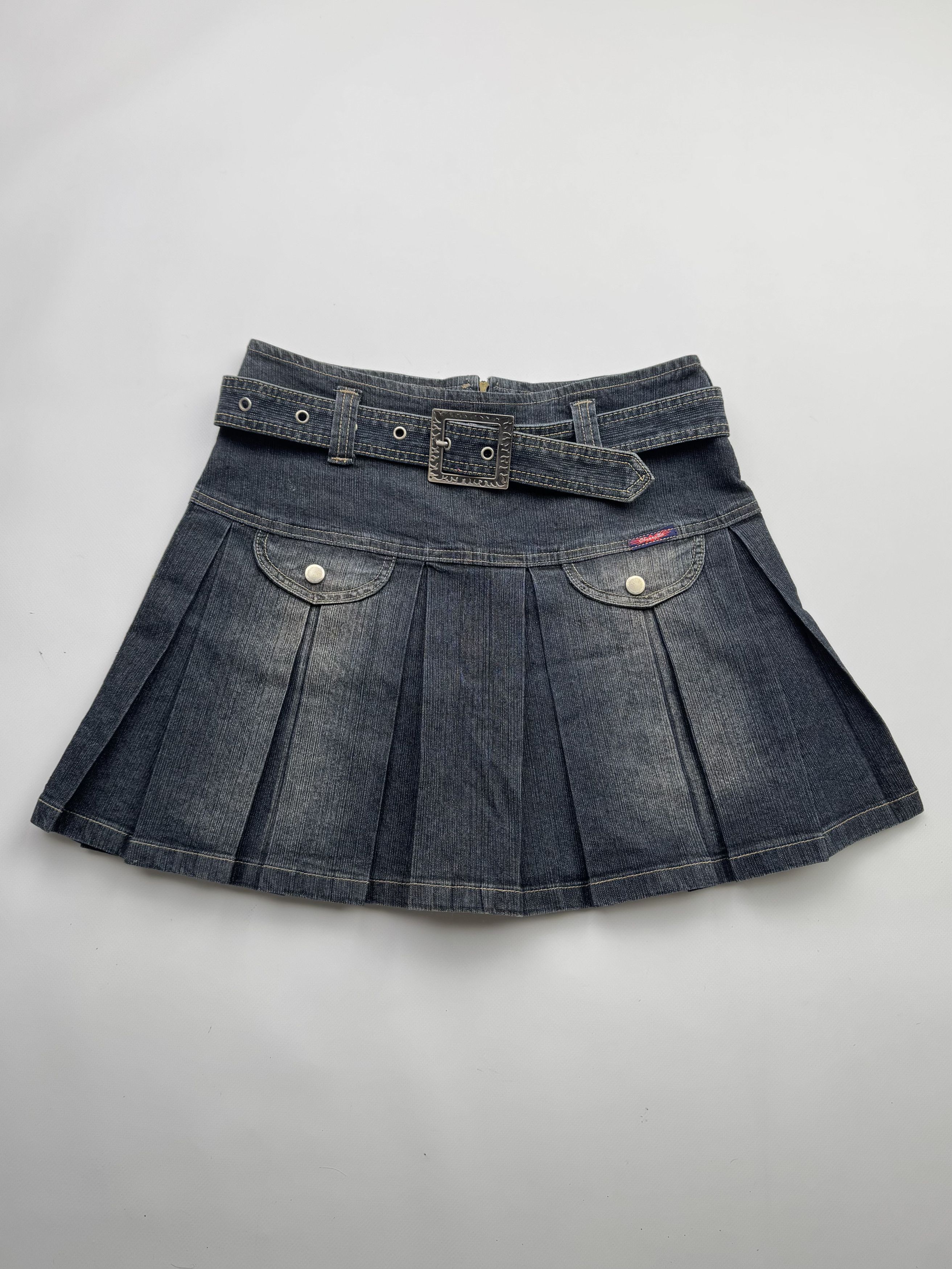 Japanese Brand Vintage Flare Faded Mini Skirt With Belt B192(V398)E2 Size 29" - 1 Thumbnail