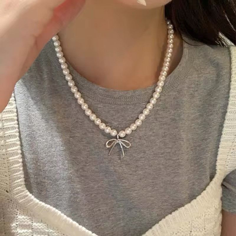 Jewelry White Imitation Pearl Bowknot Pendant Necklace, Women's