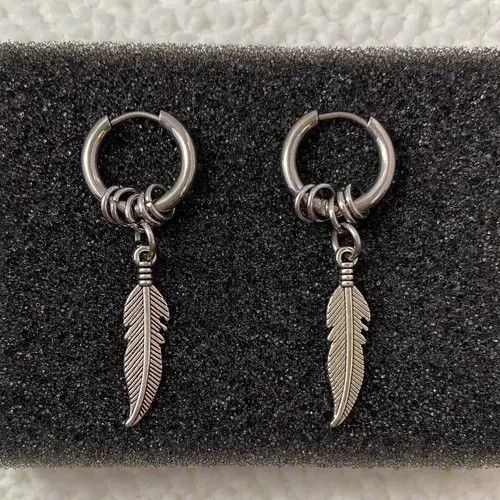 Designer × Sterling Silver Titanium Steel Feather Dangle Drop Earrings for Men Women Size ONE SIZE - 1 Thumbnail