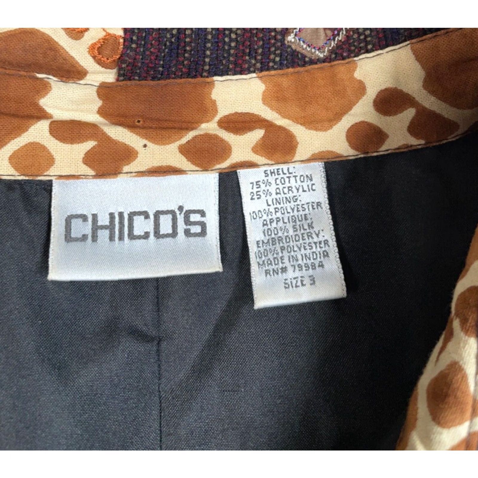 Vintage VINTAGE Chico's Jacket Women L Brown Embroidered Patchwork Geometric Bohemian 3 Silk Appliques Lined Size L / US 10 / IT 46 - 3 Thumbnail